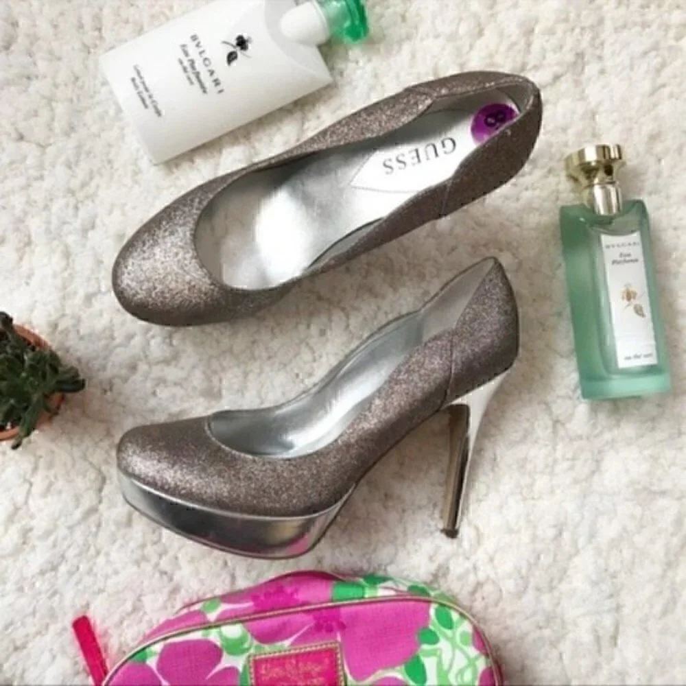 GUESS: Multicolored Rainbow Metallic Glitter Heels Platform Pumps Sz 8.5